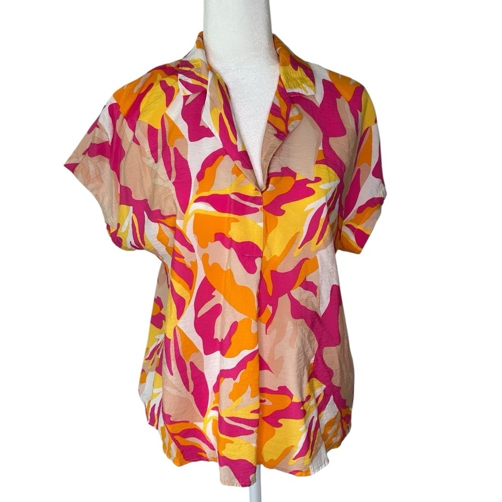 Joie Shirt Womens Medium Pink Orange Yellow Leaf Bright Hawaiian Tropical
